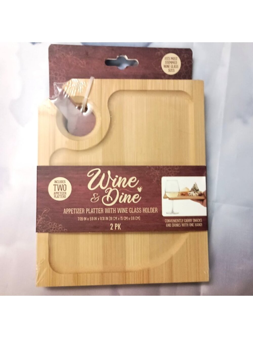 NEW Wine & Dine 7" x 6" Appetizer Platter with Wine Glass Holder – Set of 2